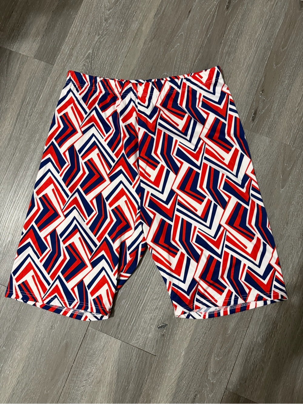 NY Invasion Women’s Athletic Shorts in Red, White & Blue Geometric Print 1X